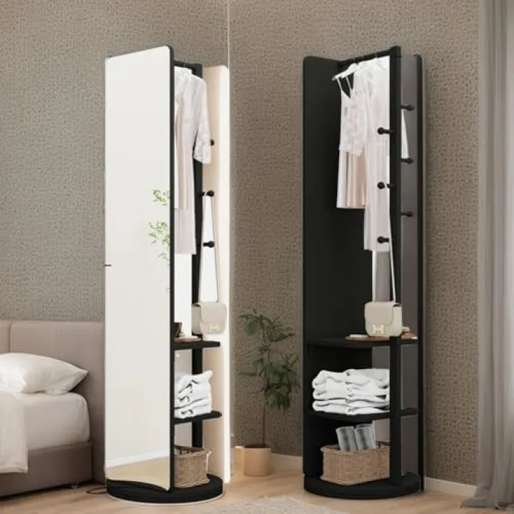 HRVEOCEI Clothes Rack with Full-length Mirror, Swivel Full-Length Mirror & Rotating Mirrors with Storage, Floor Length Mirrors with Hanger and Open Shelves, Space Saver (Black, 68.8 * 19.6)