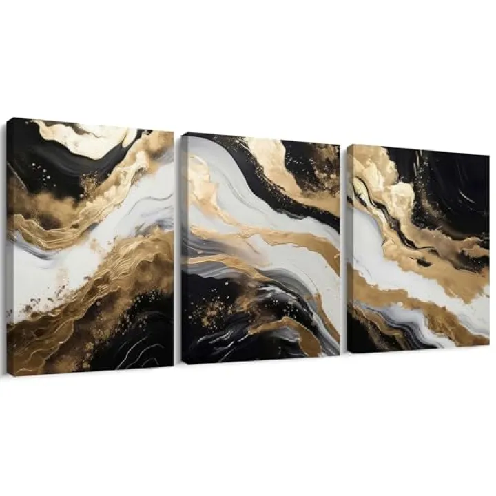 Palette Dreams 3 Piece Framed Black And White Abstract Canvas Wall Art, Black Gold Canvas Black Marble Picture Wall Decor, Modern Gold Foil Art Poster Print for Living Room Bedroom Bathroom 12x16 Inch