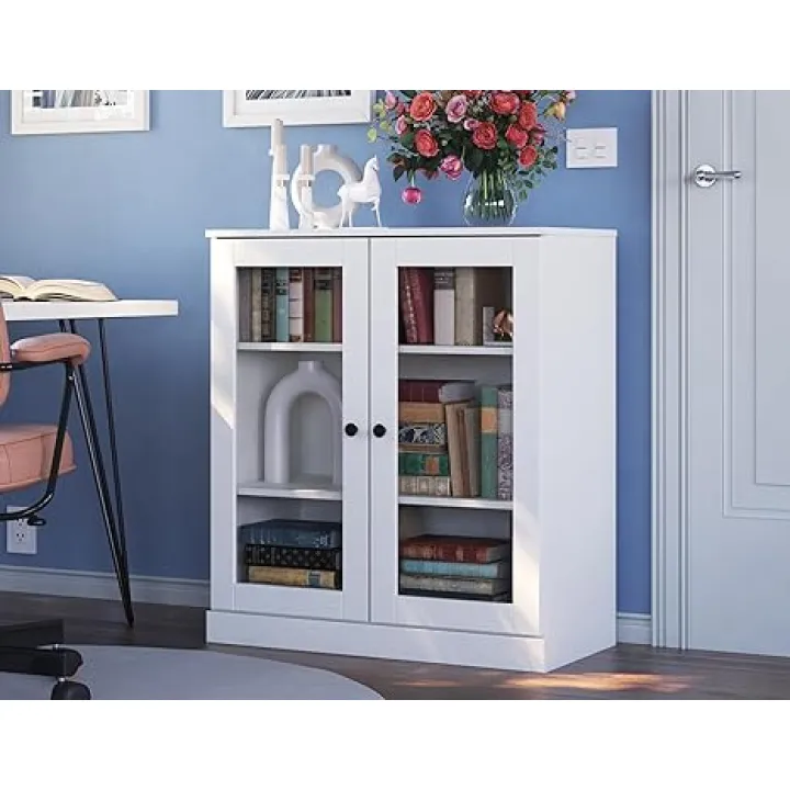 Palace Imports Solid Wood Bookcase - Floor Standing Bookshelf - 32” W - Display Furniture, Renewable 100% Eco-Friendly Wood, Made in Brazil (White, Clear Glass Doors | 3-Shelf Short Bookcase)