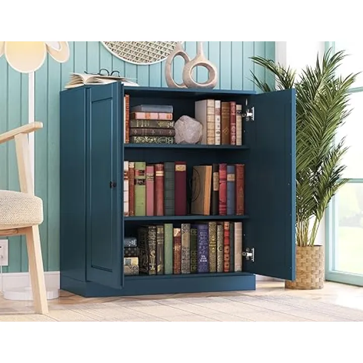 Palace Imports Solid Wood Bookcase - Floor Standing Bookshelf - 32” W - Display Furniture, Renewable 100% Eco-Friendly Wood, Made in Brazil (Teal Blue, Wooden Doors | 3-Shelf Short Bookcase)