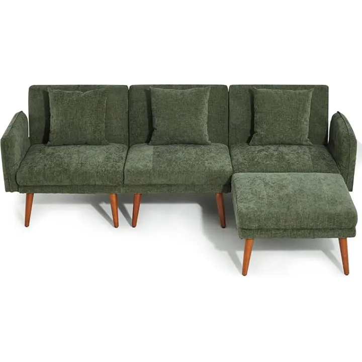 Sectional Couch Modern Sofa with USB, with Adjustable Backrest and Armrest Chenille Fabric, w/3 Pillows for Living Room, Apartment, Office(Green, 4 Pieces)