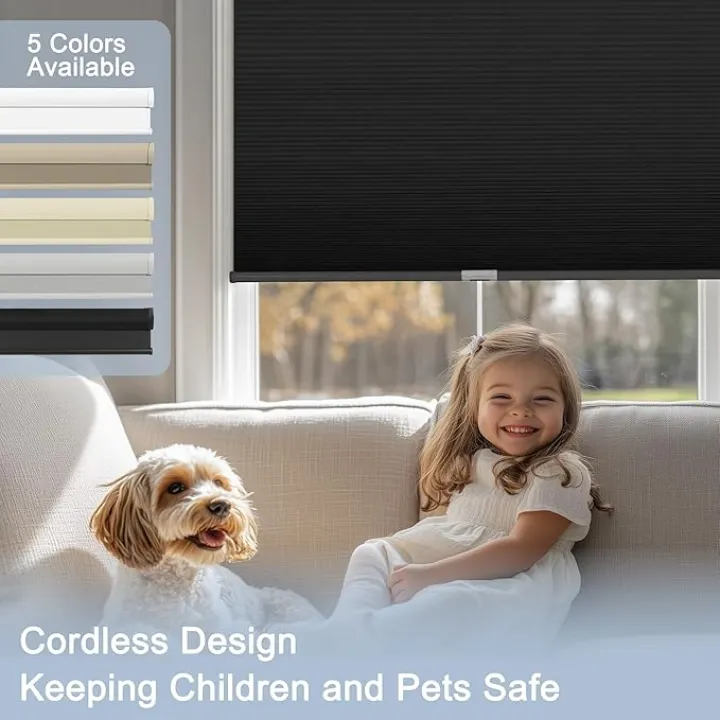 BERISSA Custom Cellular Shades Cordless, Blackout Cellular Window Blinds, Pull Down Blackout Blinds Honeycomb Indoor Windows Shades for Home Office Bedroom, Easy to Install, Black