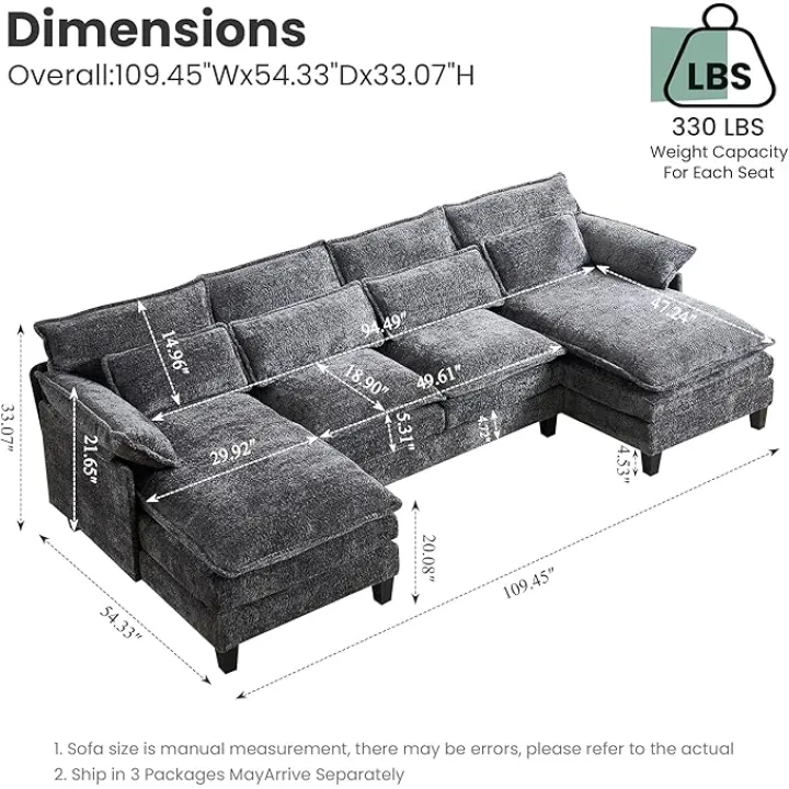 110" U Shaped Couch, 4 Seat Cloud Couch, High Dense Memory Foam with Double Chaise Lounge & Memory Foam U Shape Sectional Sofa for Living Room (Deep Grey)