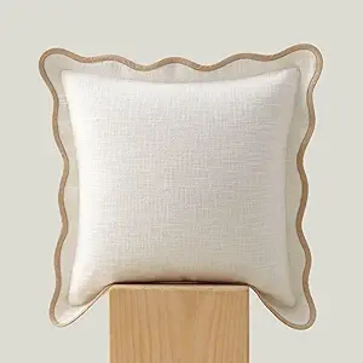 Double Stitch Scalloped Throw Pillow Covers - 100% Cotton Decorative Boho Pillow Covers 18 x 18, Made in India, Square Cushion Case, Modern Home Decor for Couch Sofa Living Room, Cream