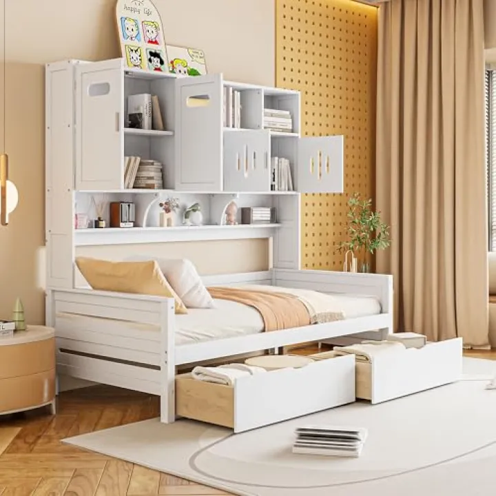 Merax Twin Size Daybed with 2 Drawers, Solid Wooden Daybed with All-in-One Cabinets and Shelves, Twin Sofa Bed, Easy Assembly, No Box Spring Required, for Living Room and Bedroom, White