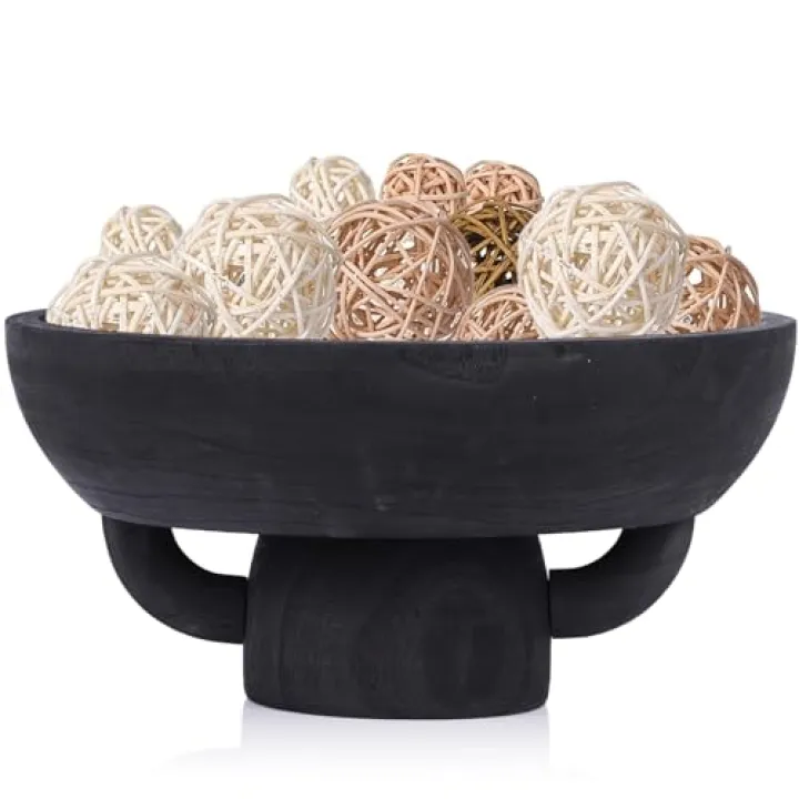 XMGZQ Black Decorative Bowl, Extra Large, Rustic Wooden Fruit Bowl for Home Decor, Kitchen Counter, Entryway & Table Centerpiece