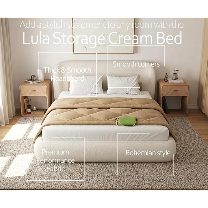 Modern Upholstered Platform Bed with Storage Lift Up - King Size - Performance Cream Fabric, Bed Frame with Wingback Headboard, Low Profile, Contemporary, Bedroom, Space-Saving (Cream, Queen)