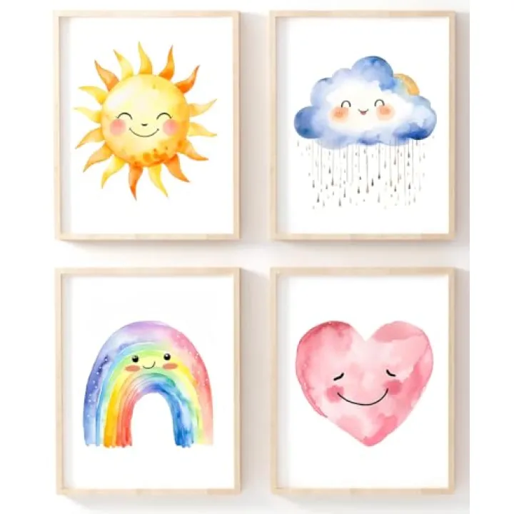 Girls Rainbow Canvas Wall Art Set of 4, Watercolor Sun Clouds Heart Wall Art Print, Bohemian Kids Sunshine Painting Wall Decor For Classroom Kids Room Baby Room Bedroom Dorm Decor（8’’X10''Unframed）
