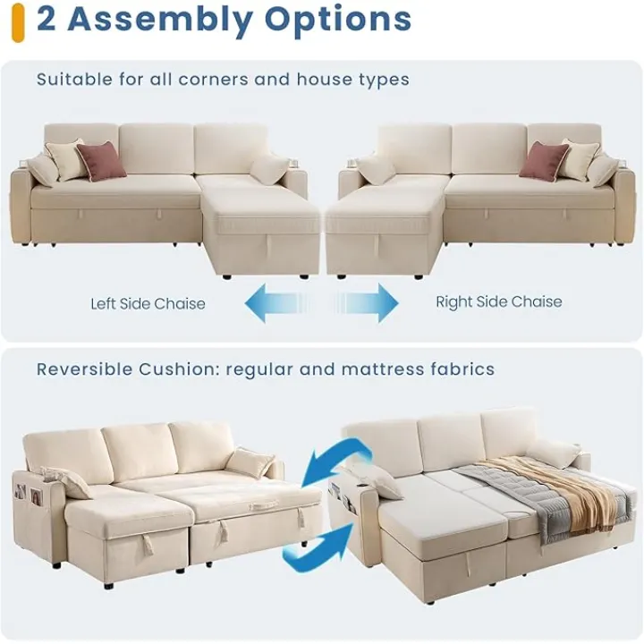 KKL Sofa Bed Couch with Storage Chaise, 85 inch Pull Out Couch for Living Room, Sleeper Sofa Couch with Pull Out Bed, Convertible Sofa Bed with Storage Bag, L Shape Couch with Saucer, Chenille, Beige