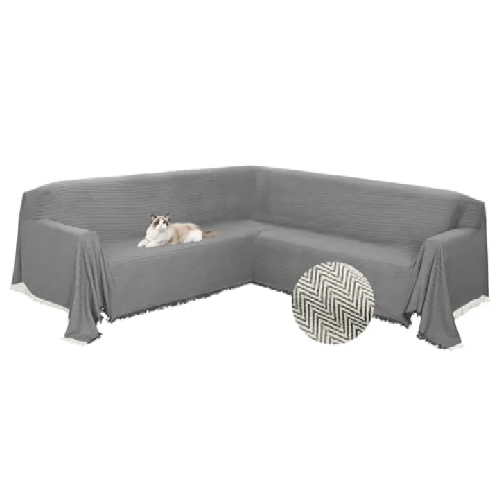 HDCAXKJ Sectional Couch Covers L Shape Corner Sofa Cover Blanket Jacquard Knitted U Shaped Sofa Slipcovers with Tassel Soft Washable Non Slip Pet Dog Furniture Protector (Grey, 91x276 inch)
