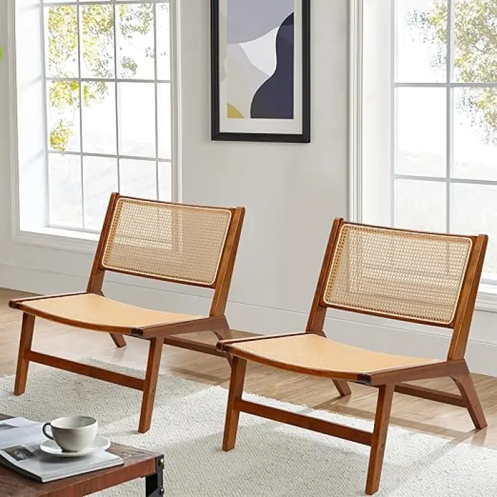 LuxenHome Armless Accent Chairs Set of 2, Modern Rubberwood & Rattan Armless Dining Chairs, Low Profile Design for Living Room, Bedroom, Kitchen, or Outdoor Use, Comfortable & Stylish Brown Finish