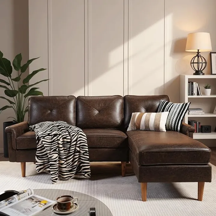 ovios 86.6" L-Shape Sofa Couch with Chaise, Suede Faux Leather Couches with Comfy Cushions, Modern Luxury Deep Seat Cloud Sofas for Living Room, Right Chaise, Dark Brown