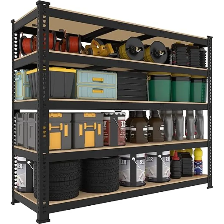 5 Tier Garage Storage Shelves - 48" W x 18" D x 71" H Heavy Duty Adjustable Shelving Unit, Metal Organizer Utility Rack for Basement, Pantry, Kitchen, Black