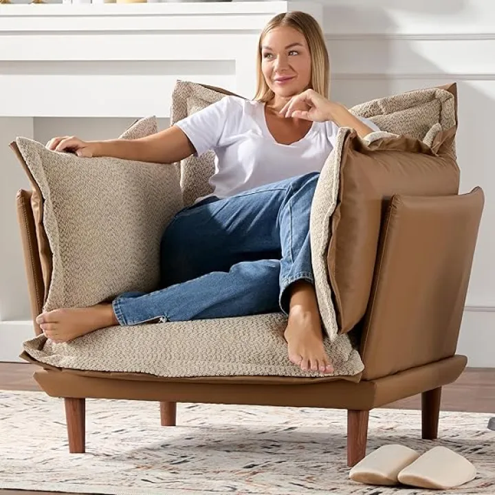 Oversized Armchair Accent Chair Reading Chair with 4 Cushions,Single Sofa Lounge Living Room Chair with Feather and Doll-Cotton,43.5' Width,21.3'' Seat (Brown)