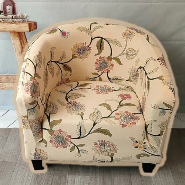 SVBVRFEEW Barrel Chair Slipcovers Leaves Club Chair Cover Print Tub Chair Slipcover Knit Armchair Slipcover, Stretch Club Chair Slipcover Washable Round Barrel Chair Covers for Living Room(Beige)