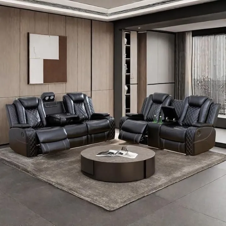 Power Recliner Set with LED Lights, Air Leather Reclining Set with USB Port/Wireless Charger/Storage Console/Cup Holder for House/HomeTheater/Apt (Black, Sofa Loveseat)