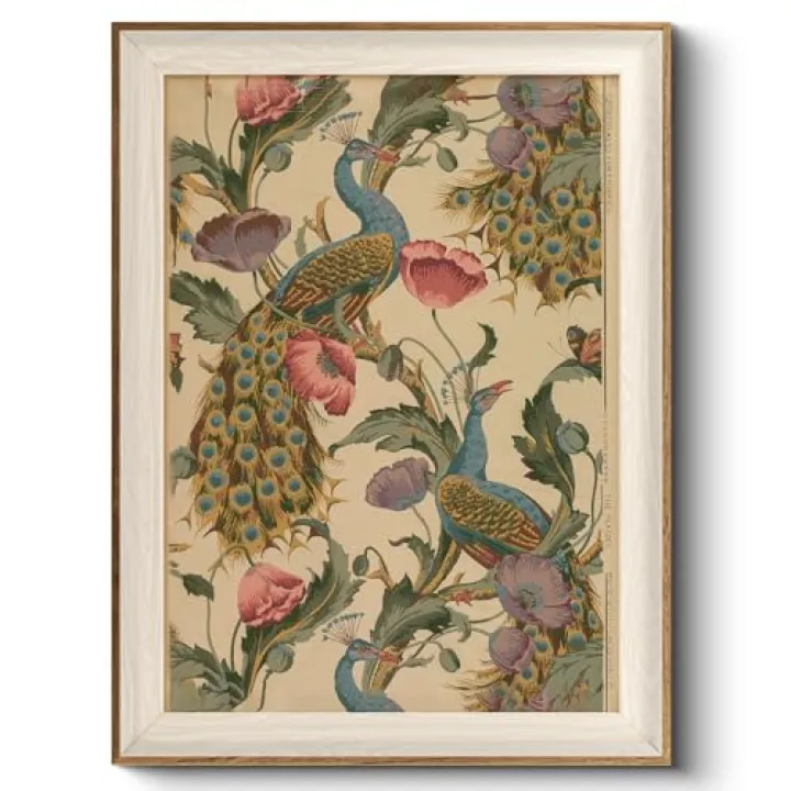 HUARCEY Framed Canvas Wall Art Vintage Peacock, Vine with Poppies Floral Print Decor, Peacock Art Print Bird Wall Art 12x16 inch, for Bedroom Bathroom Living Room Decor
