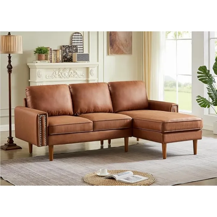 82.2" L-Shape Sofa Couch with Chais Mid-Century Copper Nail on Arms,Strong Wooden Leg and Suede Fabric Design That Will complement Any Living Space.Right Chaise, Brown