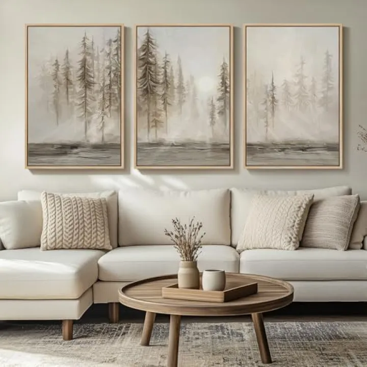 Framed Neutral Wall Art for Living Room, Large 3 Piece Abstract Pastel Grunge Forest Landscape Tree Canvas Artwork Set, Modern Art Decorative Nordic Painting Picture Prints for Hallway Office 24x36 In