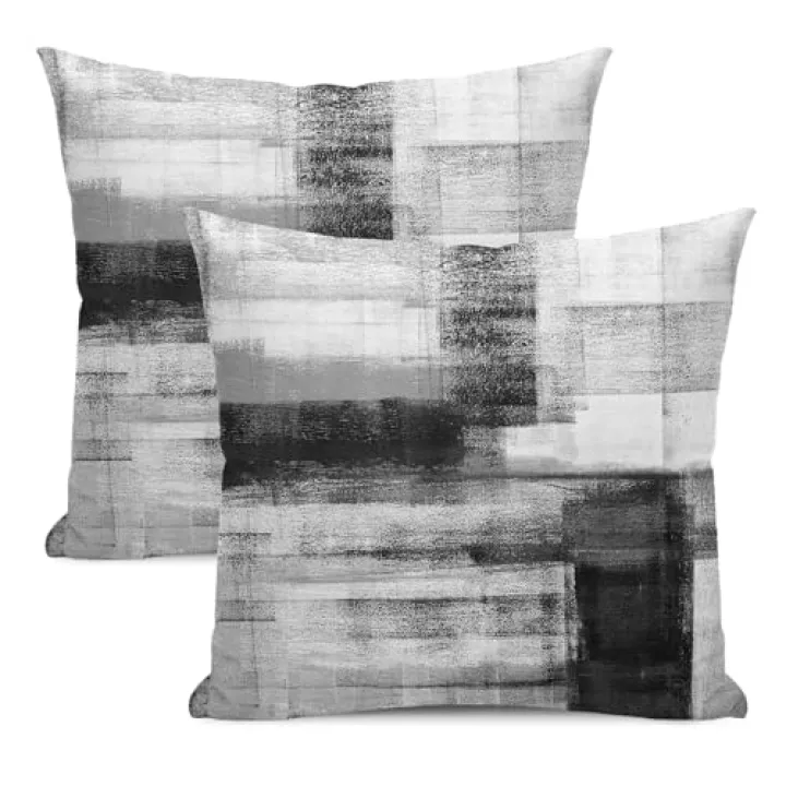 AEIOAE Black Grey White Pillow Covers 20x20 Inch Set of 2,Abstract Art Throw Pillows Case,Modern Geometry Outdoor Decorative Square Linen Farmhouse Decor Cushion Covers for Home Sofa Bed Couch
