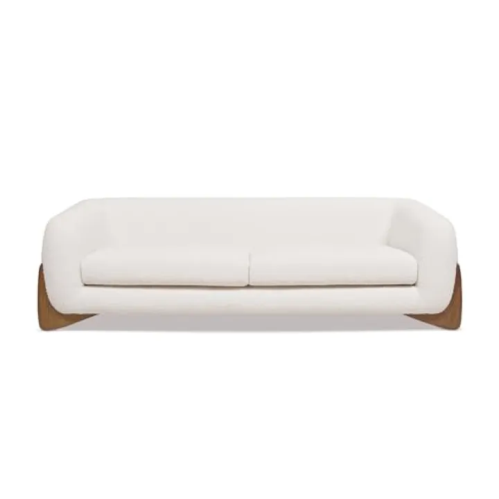 90.5" Boucle Couch - Boho Couch with Low Backrest & Square Arms, 3 Seater Couch with 4 Natural Oak Legs & Nubby Tweed Texture, Comfy Cloud Fluffy Couches for Living Room, Bedroom, Apartment (White)
