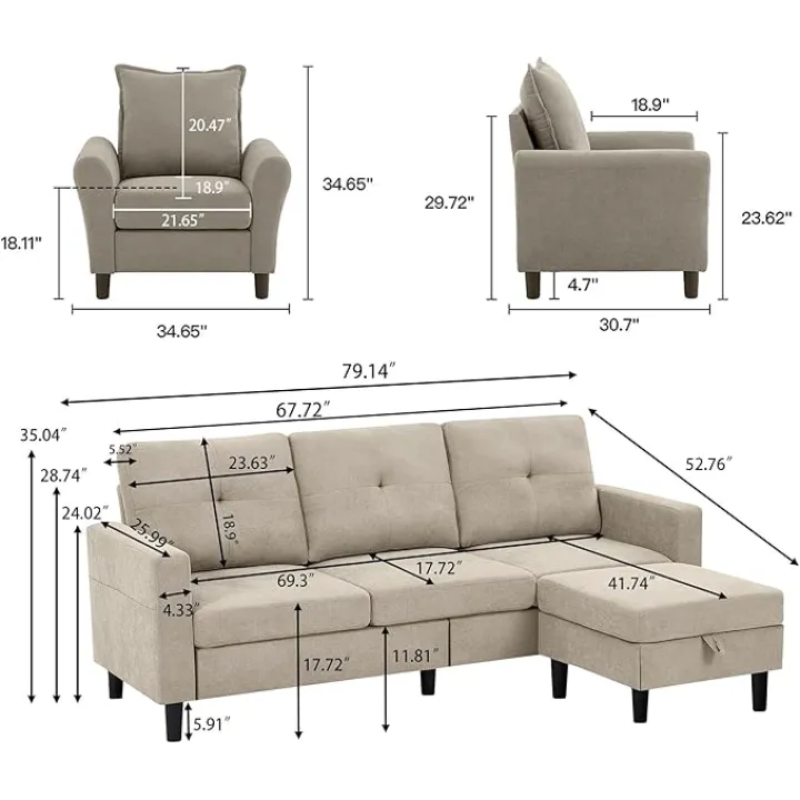 2PCS Sectional Couch Set, 3 Seat Sofa and Chair Set with Side Pockets & Movable Storage Ottoman, Modern Convertible Fabric Corner Lliving Room/Office Sofa Set (3+1Seat/Beige)
