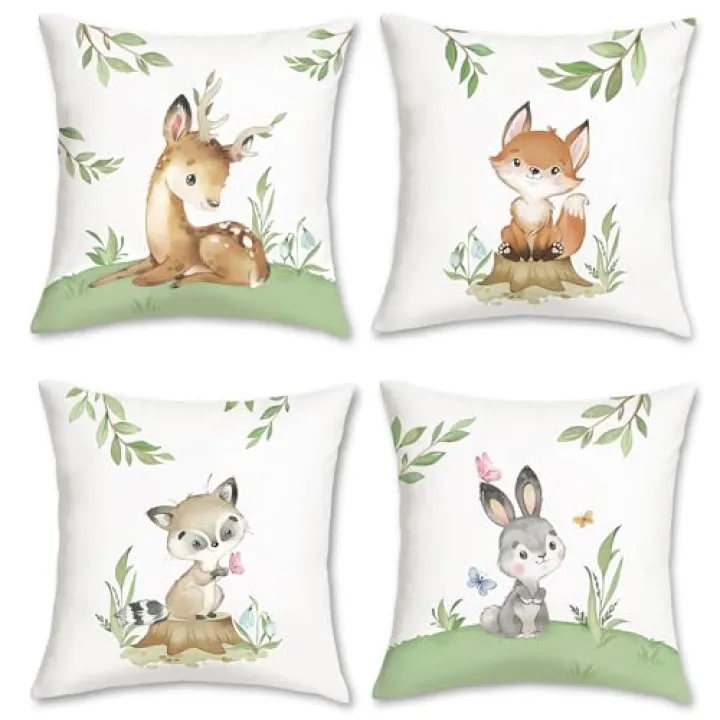 Bonhause Animals Throw Pillow Covers 18 x 18 Inch Bunny Deer Fox Raccoon Kids Spring Decorative Pillow Cases for Couch Sofa Bed Home Garden Nursery Kids Room Decor Set of 4