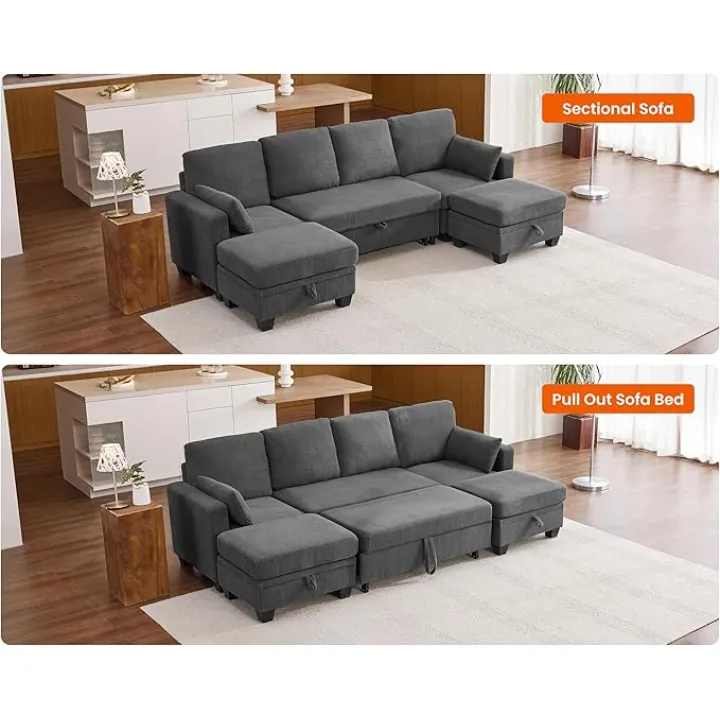 CHIC HOUSE 101" Modular Sofa with Pull Out Bed, Corduroy Sectional Convertible U-Shaped Sleeper with Storage Ottoman,8 Seater Reversible Chaise Couches for Furniture Sets, Living Room