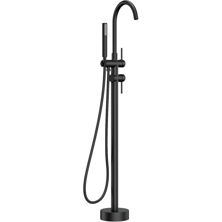 FORIOUS Free Standing Tub Faucet, Tub Filler Freestanding Bathtub Filler Floor Mount Brass Bath Shower Faucets Standing with High Flow Swivel Spout and Handheld Shower Mixer Taps, Matte Black
