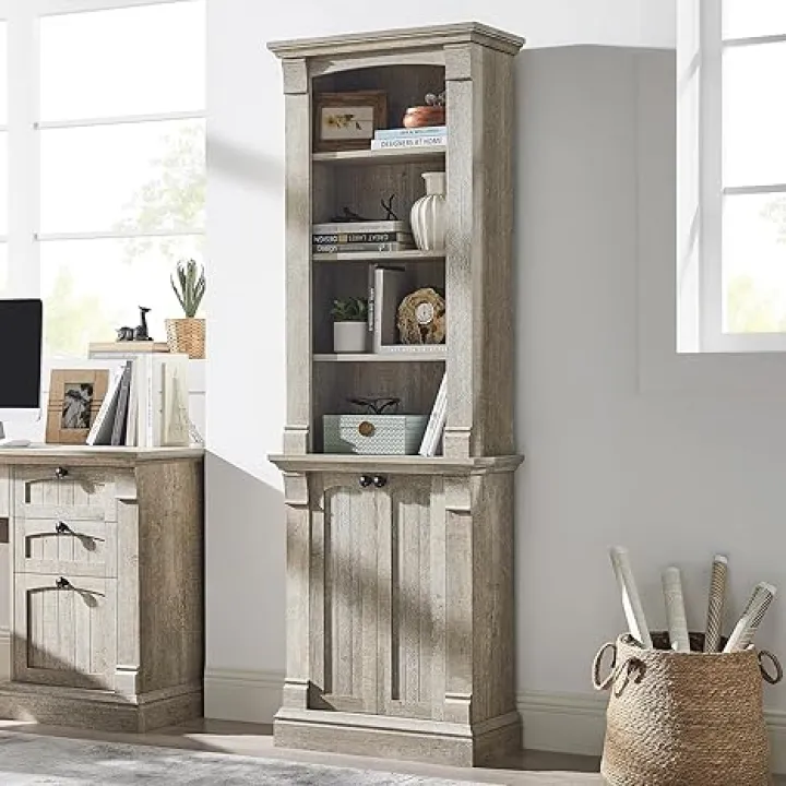 OKD Farmhouse Storage Bookcase，72" Tall Bookcase with 4-Tier Open Adjustable Shelves，Wooden Freestanding Bookshelf Storage Organizer for Home Office, Living Room，2 Doors，Light Rustic Oak