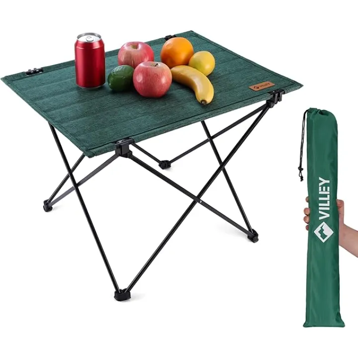 VILLEY Folding Camping Table with Carry Bag, Portable Lightweight Beach Table with Oxford Fabric and Reinforced Aluminum Panel for Outdoor, Camping, Picnic, Backyards, BBQ