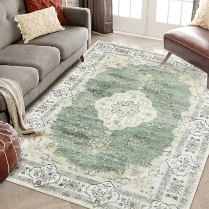 GlowSol Living Room Rug 9x12 Washable Rug Distressed Oriental Rug Large Area Rug Non Slip Stain Resistant Dining Room Mat, Soft Vintage Floral Rug for Bedroom Accent Floor Carpet for House Decor