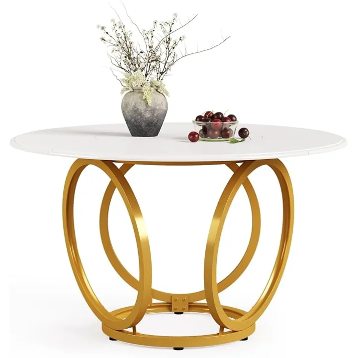 LITTLE TREE Modern White Dining Table for 4, 47-Inch Large Round Kitchen Table with Golden Metal Base for Dining Room. White and Gold