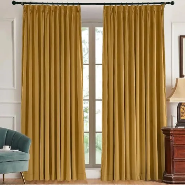 DotheDarpe Pinch Pleated Wheat Velvet Curtain with Hooks Room Darkening Thermal Insulated Pleat Window Drape 84 inch Long for Living Room, 52W x 84L, 1 Panel