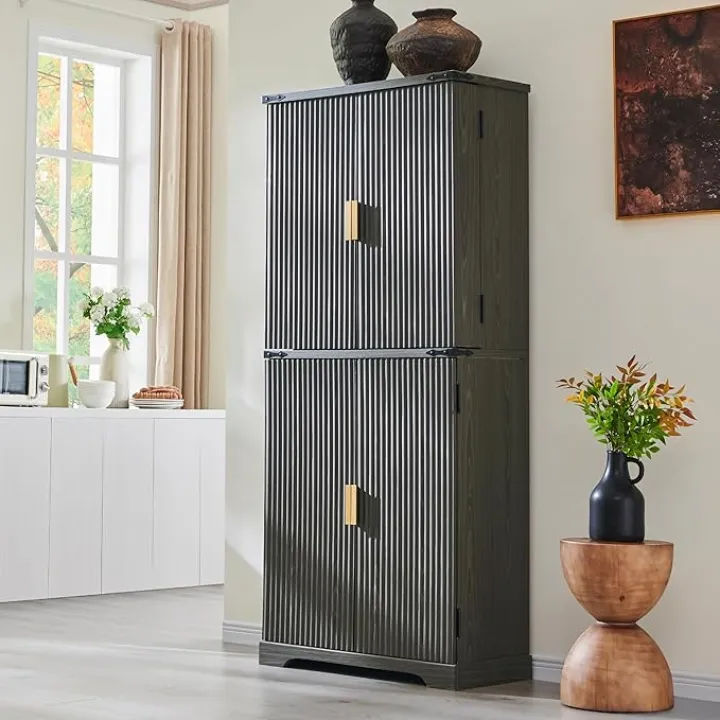 Fluted Pantry Cabinet, 72" Tall Modern Storage Cabinet with 4 Doors, Organizer, Drawer and Adjustable Shelves, Wood Cupboard for Kitchen, Dining Room, Living Room and Bathroom, Army Green