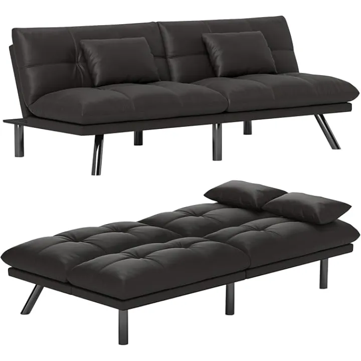 Futon Sofa Bed Convertible 70 inch Solid Wood Couch for Living Room, Water-Resistant Fabric, 2 Cushions (Light Black)