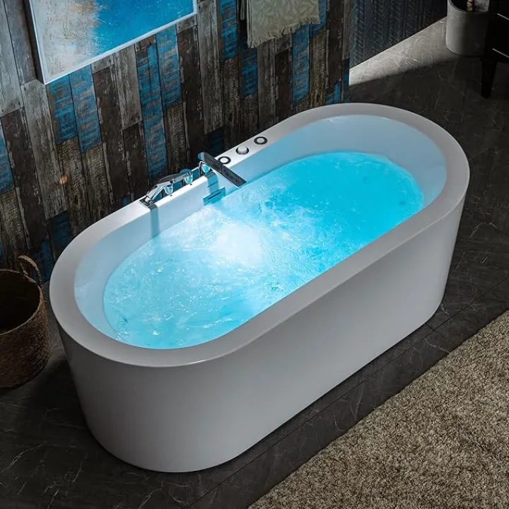 WOODBRIDGE 66-1/2" x 31-7/8" Whirlpool Water Jetted and Air Bubble Freestanding Heated Soaking Combination Bathtub with Faucet,BJ-200+F0041