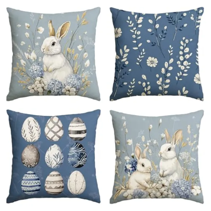 AVOIN colorlife Easter Bunny Easter Eggs Hydrangea Blue Throw Pillow Covers, 18 x 18 Inch Eucalyptus Leaves Cotton Cushion Case Decoration for Sofa Couch Set of 4