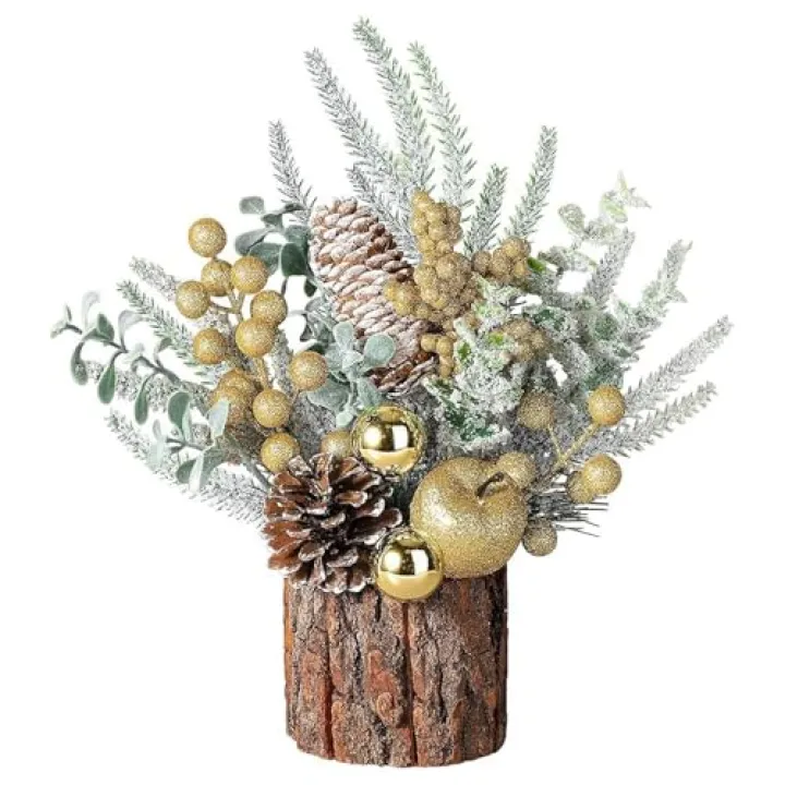 BestAlice Mini Christmas Tree Decor, Artificial Mini Christmas Tree Decorations with Red Berry, Artificial Potted Christmas Tree, Christmas Centerpiece Small Potted Tree (B)