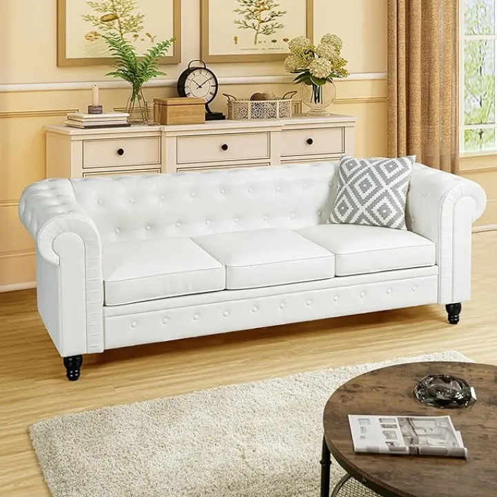 Naomi Home Chesterfield Sofa Set Loveseat & Sofa Living Room Chair Juegos Modern Leather Couch Sofa Chair for Bedroom Tufted Leather Sofa Chair for Living Room Love Seats Furniture Set - Off White