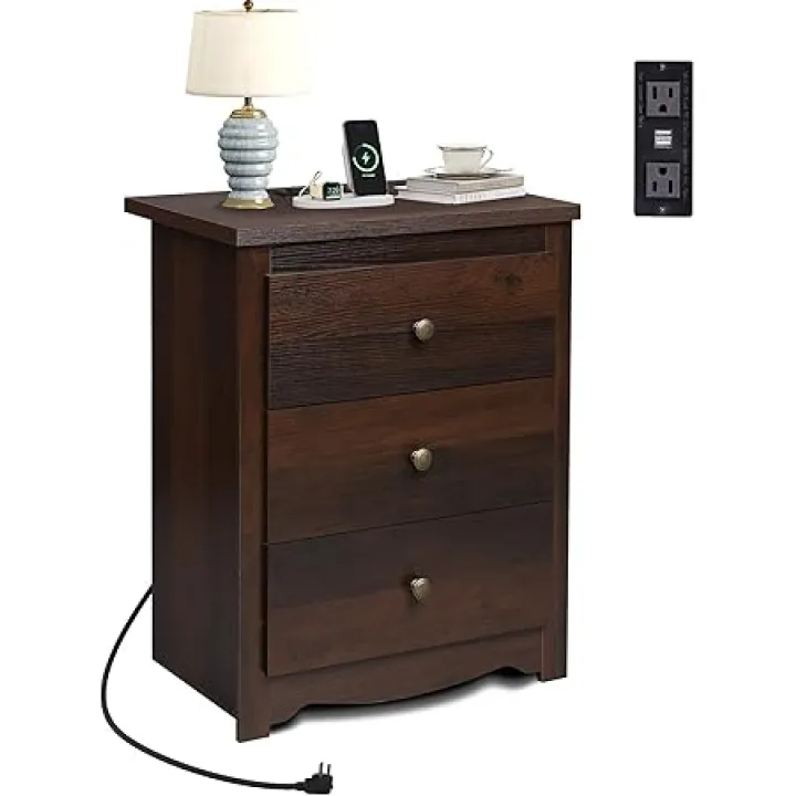 WLIVE Tall Nightstand with Charging Station, Wood Nightstand with 3 Drawers, Bedside Tables Bedroom, Dorm, End Table with 2 USB Ports and 2 AC Outlets, Bedside Table, Espresso