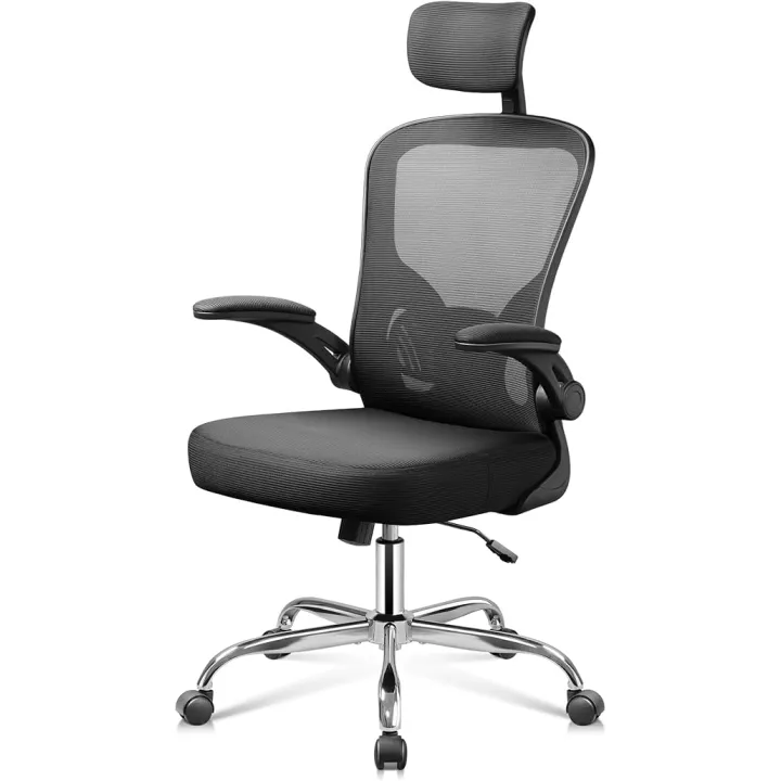 DEVAISE Office Chair High Back Mesh Ergonomic Desk Chair with Flip-up Armrests, Adjustable Headrest and Lumbar Support, Black
