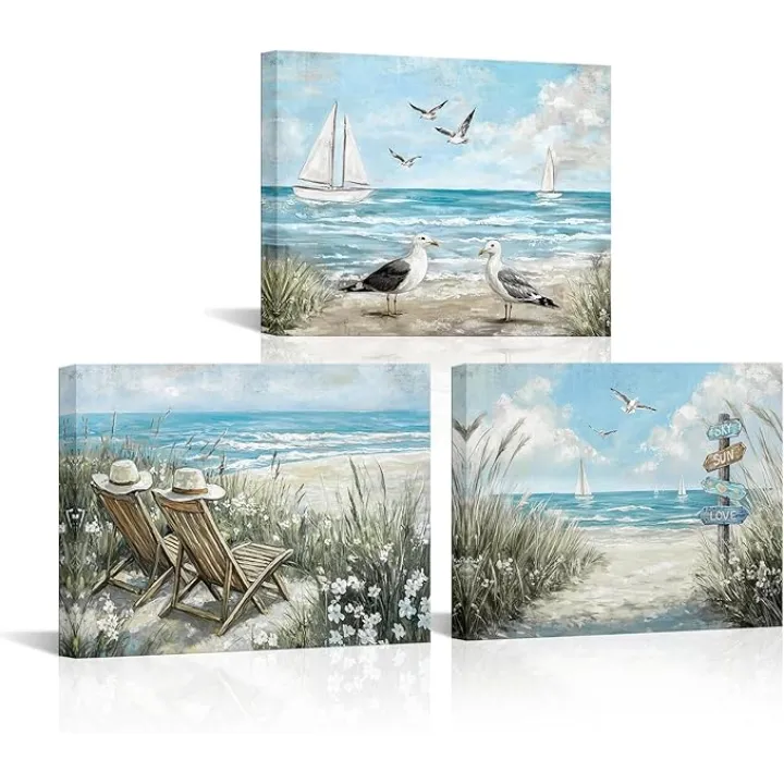 YeiLnm Blue Landscape Vertical Artwork Coastal Wall Art Nautical Bathroom Hang Wall Decor 12 x16 inches