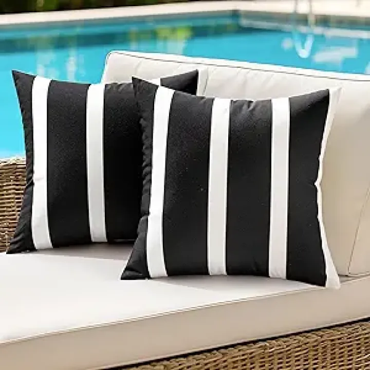 ANRODUO Set of 2 Stripes Outdoor Waterproof Pillow Covers 18x18 Inch Modern Geometry Decorative Pillow Covers Couch Pillowcase for Patio Furniture Tent Garden Balcony Fall Decor Black Cabana Stripes