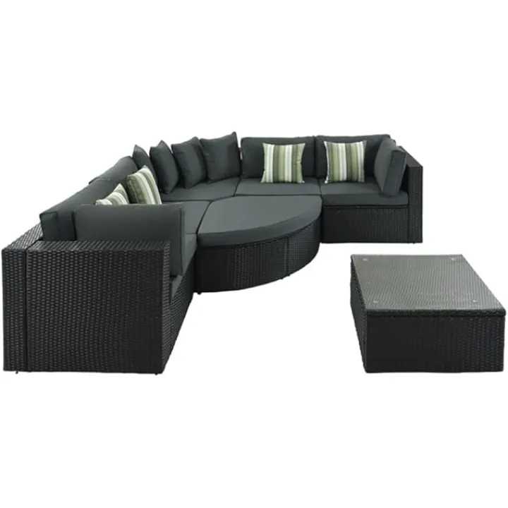 Black 7-Piece Outdoor Wicker Sofa Set, Rattan Sofa Lounger,with Striped Green Pillows,Conversation Sofa