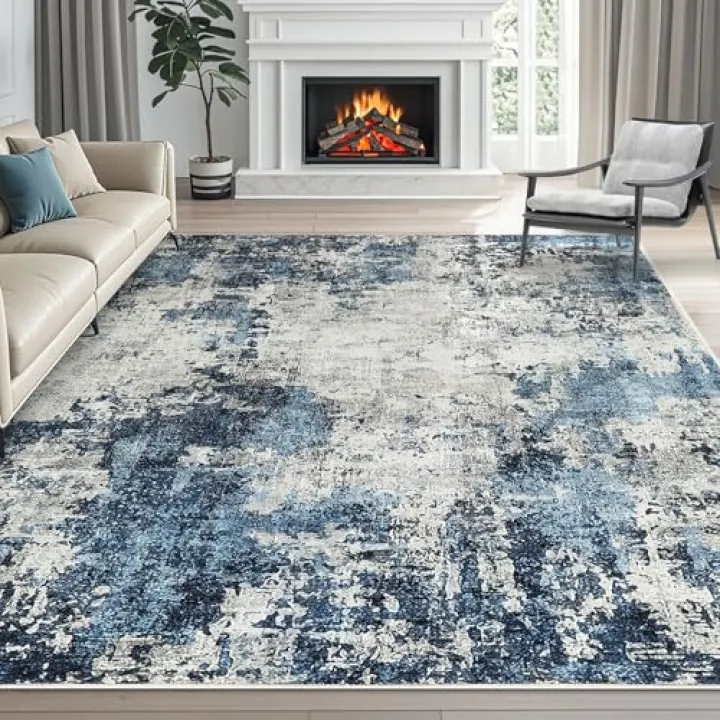 Dintszyayue Abstract Washable Area Rug 5x7 Non-Slip Soft Blue Neutral Area Rugs for Bedroom Living Room Dining Room Floor Carpet (Blue, 5'x7')