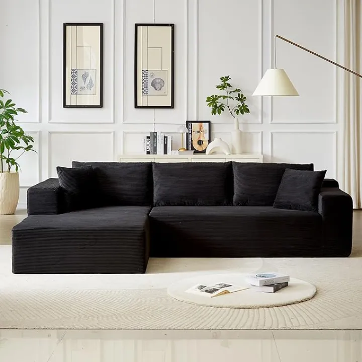 109" Minimalist Modular Sectional Sofa - L Shaped Couch with Chaise Comfy, Deep Seat, Wide Armrest, for Living Room, No Assembly Required, Jet Black Corduroy