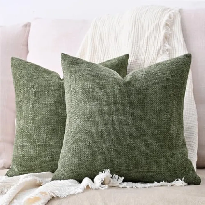 Cozoomy Set of 2 Chenille Linen Decorative Throw Pillow Covers 20x20 Inch Textured Farmhouse Pillow Covers for Bed Couch Sofa Living Room Rustic Cushion Cases, Olive Green