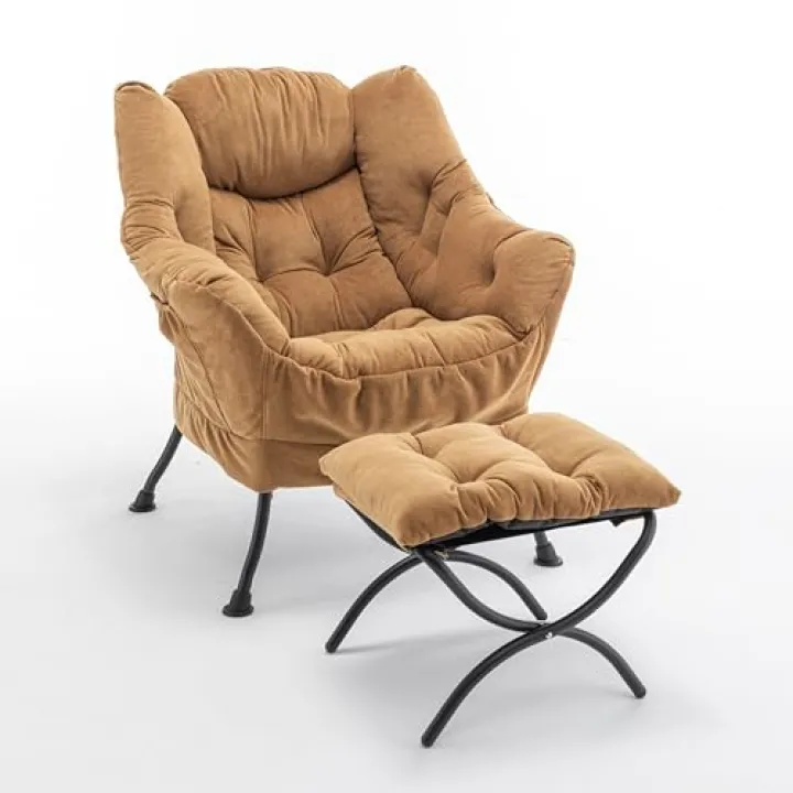 DRKAT Lazy Chair with Ottoman, Modern Large Accent Chair, Velvet Lounge Sofa Chair with Armrests, Comfy Upholstered Leisure Reading Chair with Footrest for Bedroom, Living Room, Dorm (Camel)