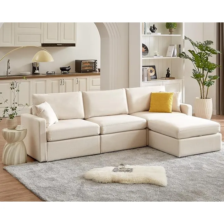 WEUP 113" Modular Sectional Sofa with Movable Storage Ottoman, Modern 4-Seater Oversized Convertible L Shaped Sectional Couches for Living Room Home, Sofa Set with 2 Pillows (Chenille, Beige)